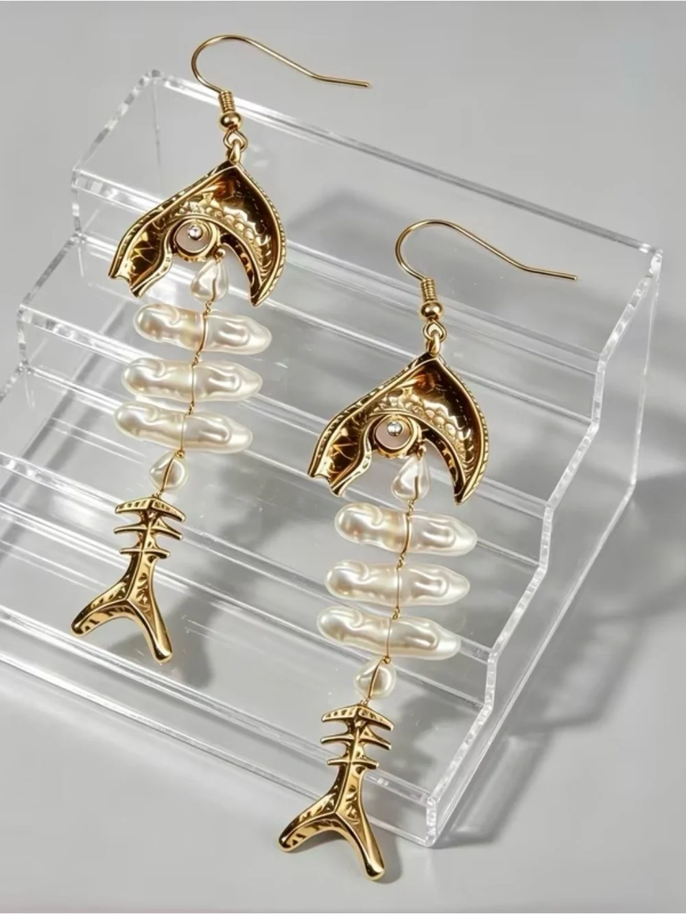 Gold Pearl Drop Fishbone Statement Earrings - Women Jewelry